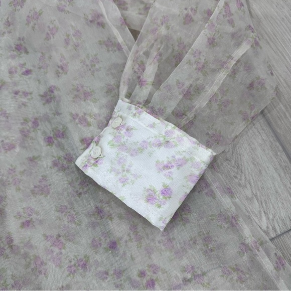 Zara organza sheer floral oversized collared button down small white pink - Picture 5 of 8